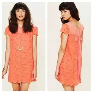 Free People Brown Eyed Girl Dress Small Coral Pink Shift Eyelet